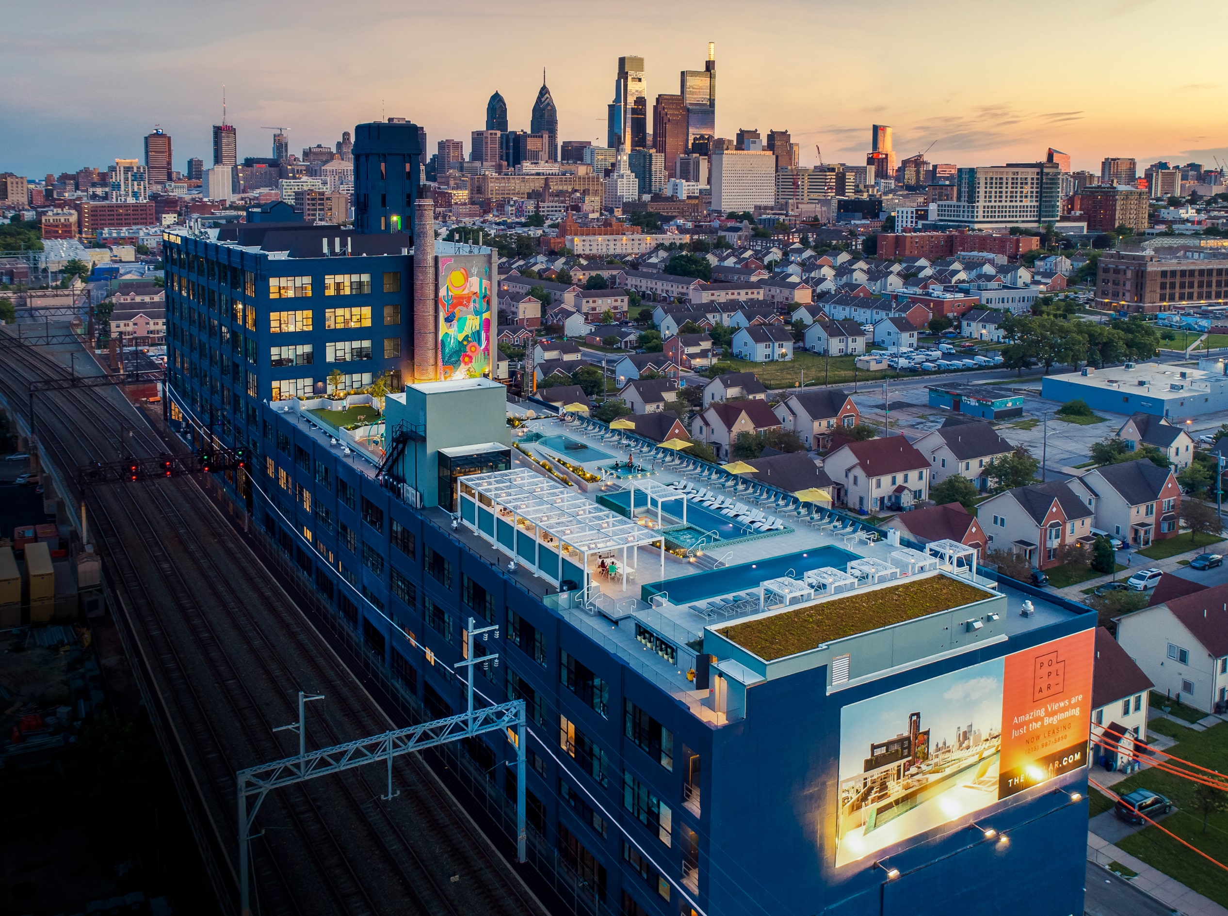 Poplar building single image - aerial dusk