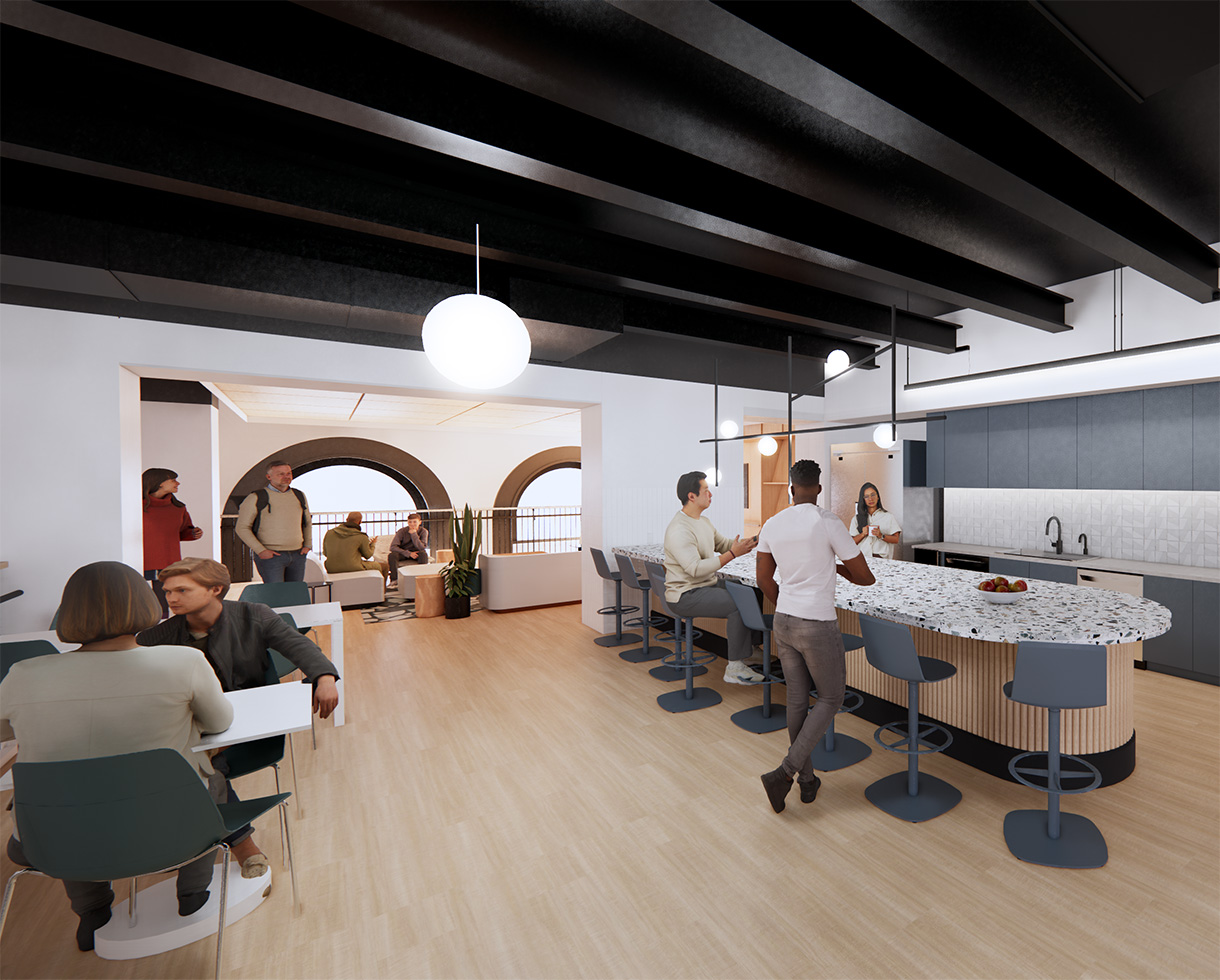 communal kitchen rendering filled with people