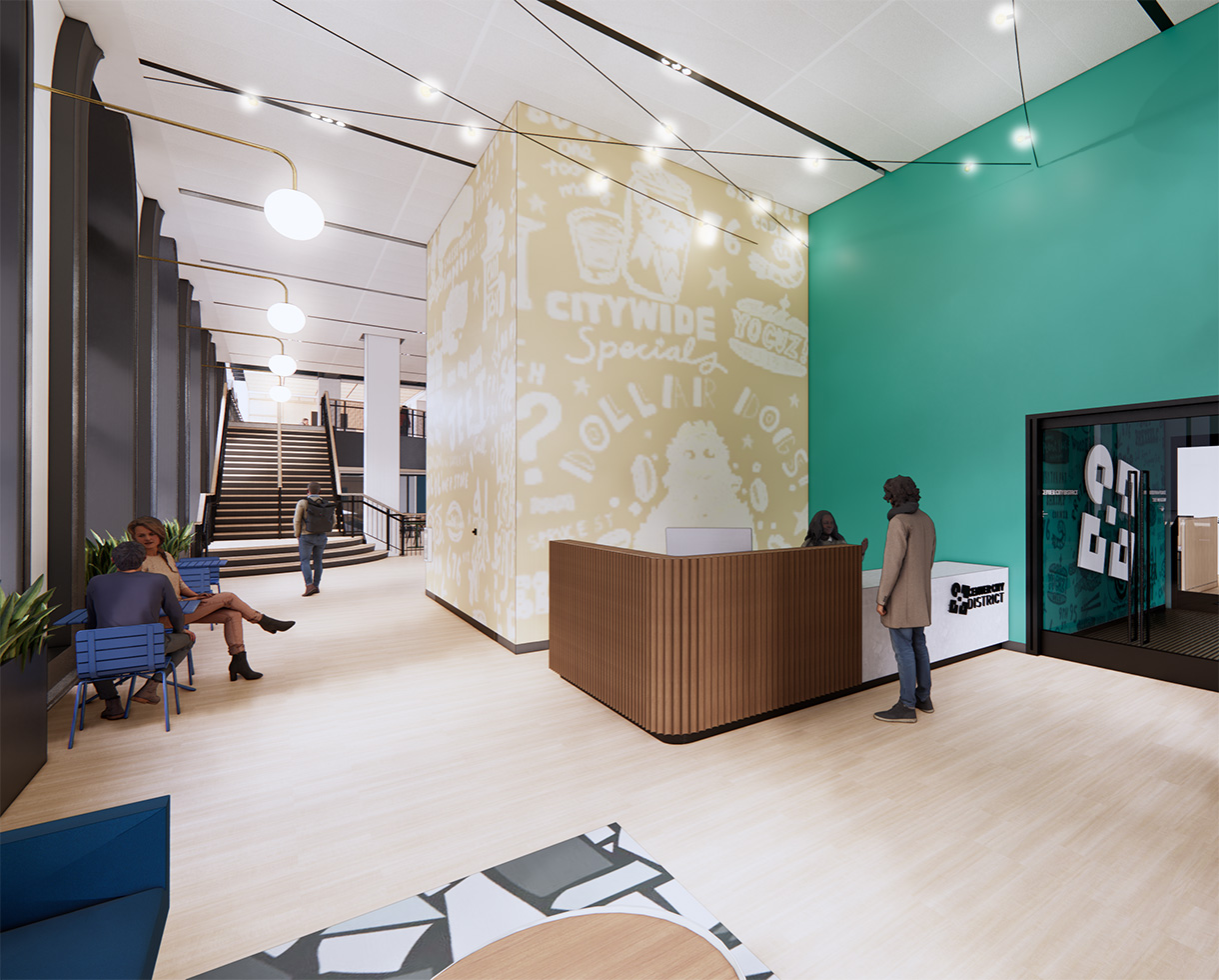 reception desk and lobby. a mural decorates the wall behind the desk