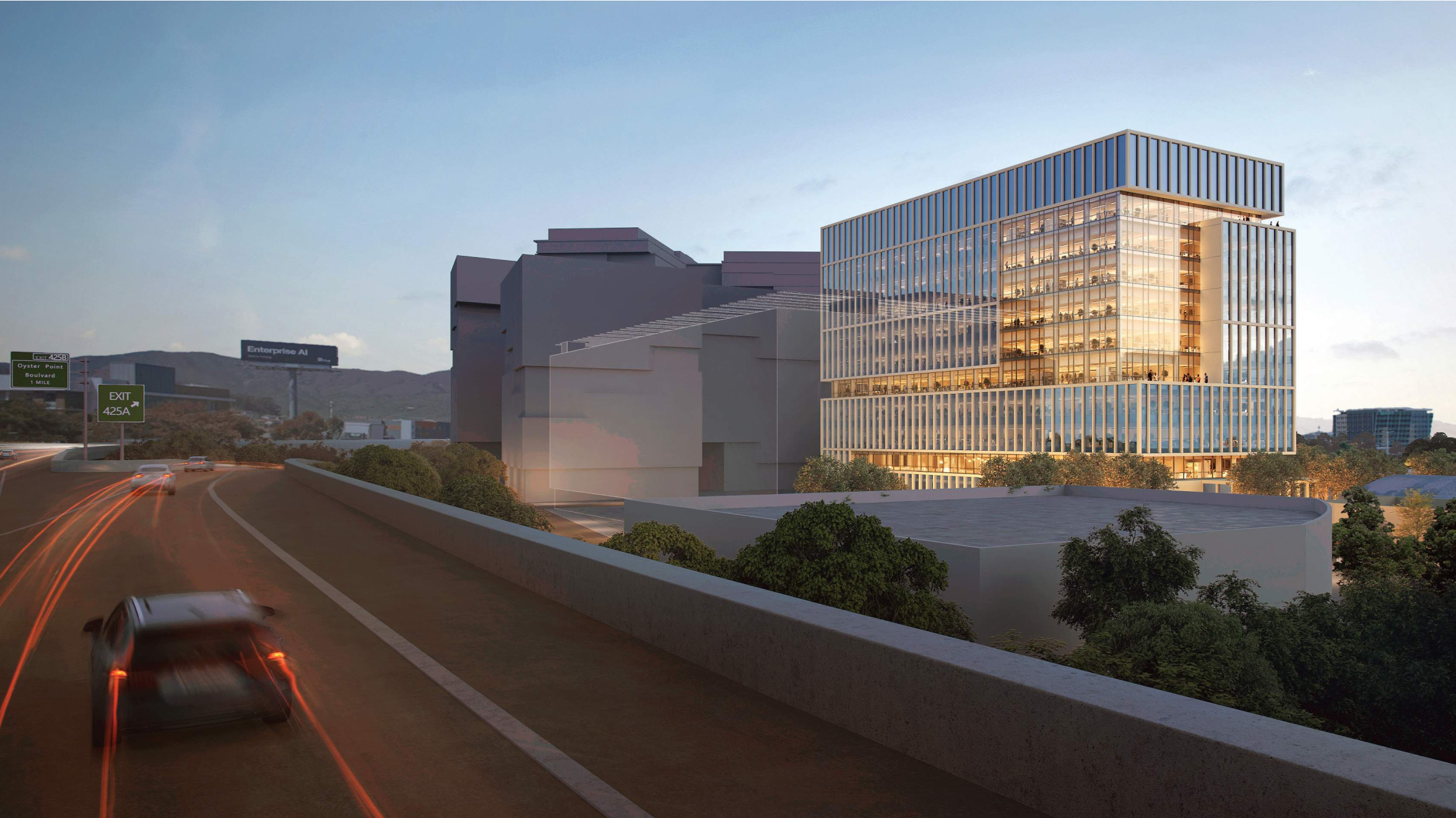 Life Science Complex night view with a car passing through the highway beside the building