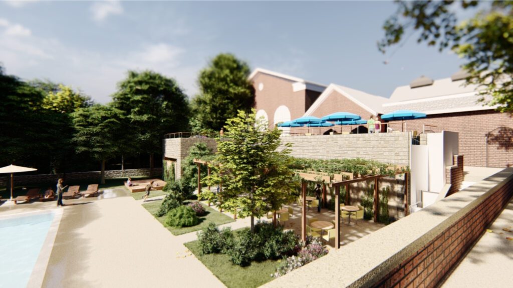 A view of the swimming pool and trellises on a sunny day