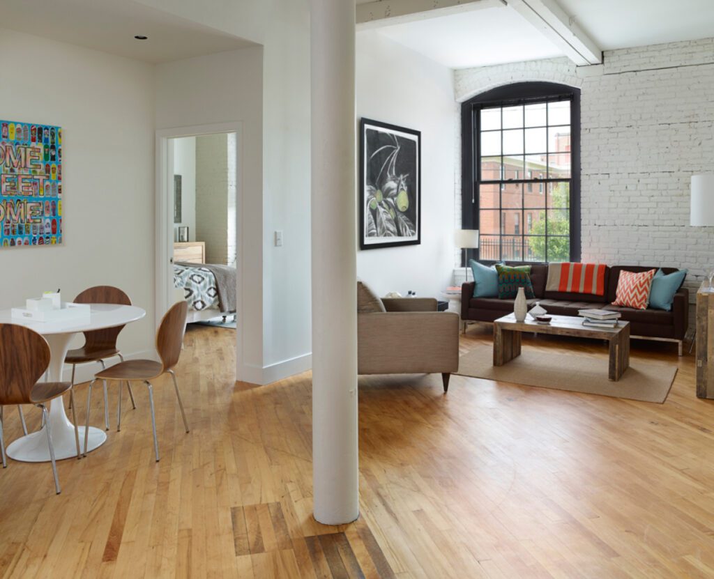 Chamber Lofts living room with a pillar