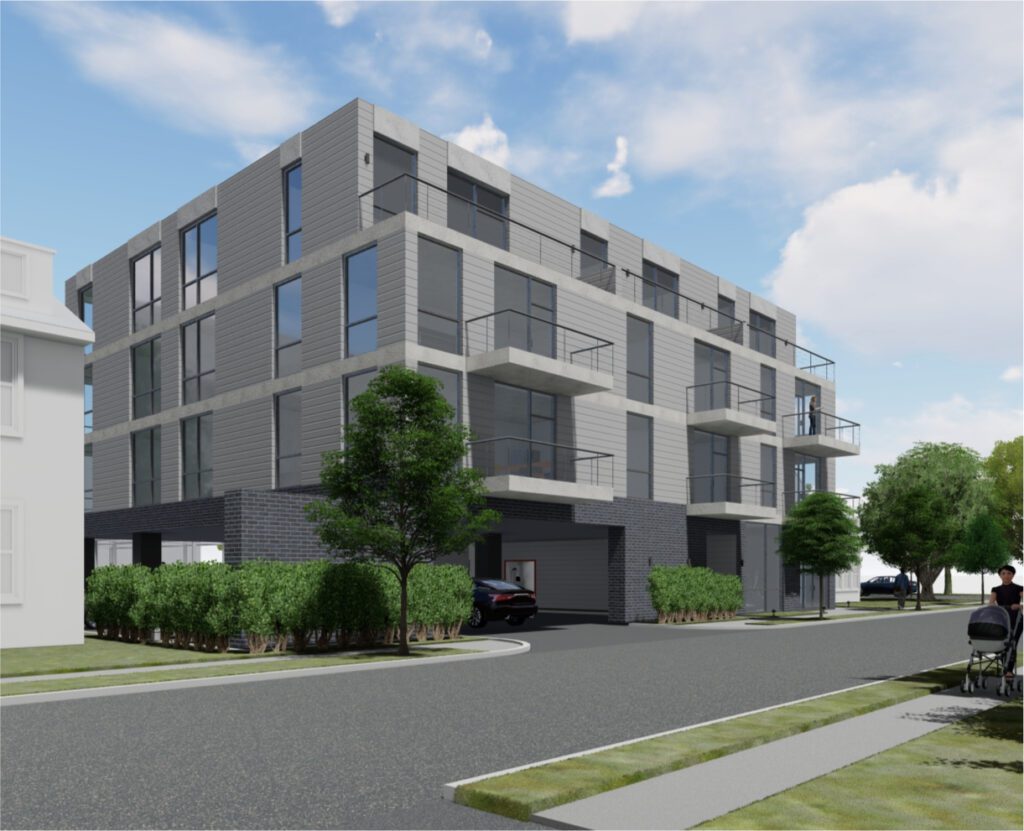 Exterior view of 60 North Tulane - A white two-story house and a gray-tone with a woman pushing a stroller