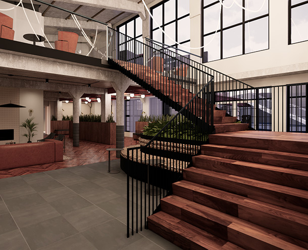 a rendering of the interior lounge. industrial concrete columns, floors, and ceilings are contrasted with natural materials like wood and plants