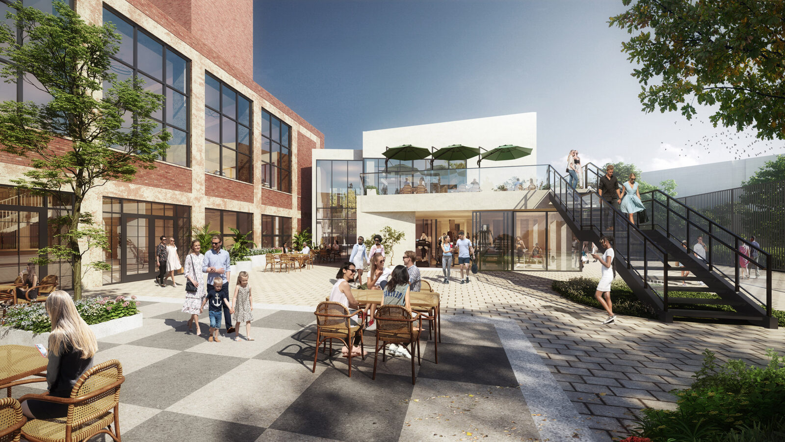 a rendering of the Watch Case Factory's public plaza, families enjoy outdoor seating while a staircase leads up to the amenity building's roof deck