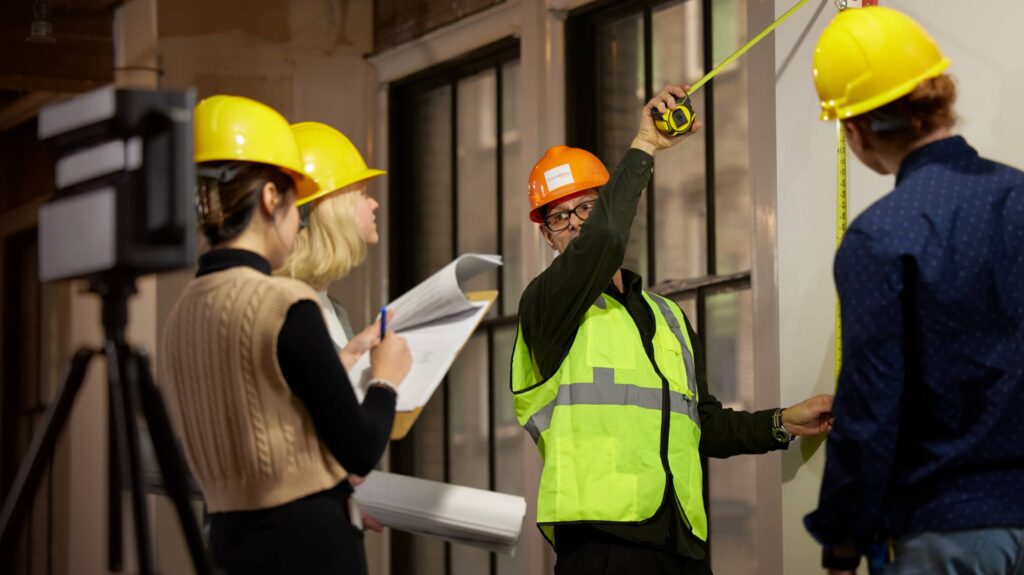 A man in an orange safety helmet is measuring a wall with a tape measure, while three others in yellow safety helmets are observing him and taking notes