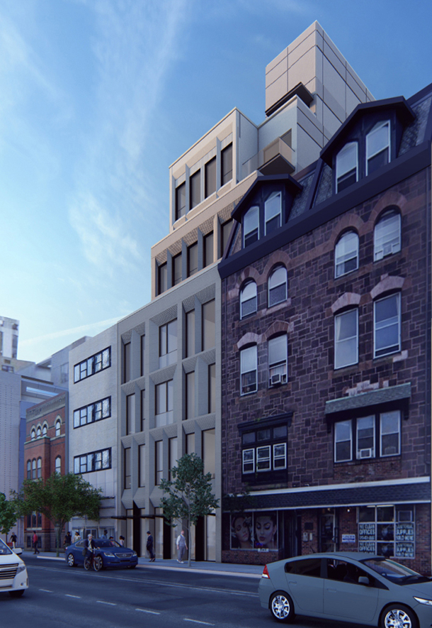 A rendering of 2204 Walnut Street from the street to the southeast. The building is set back above the 4th floor to maintain a consistent street facade.