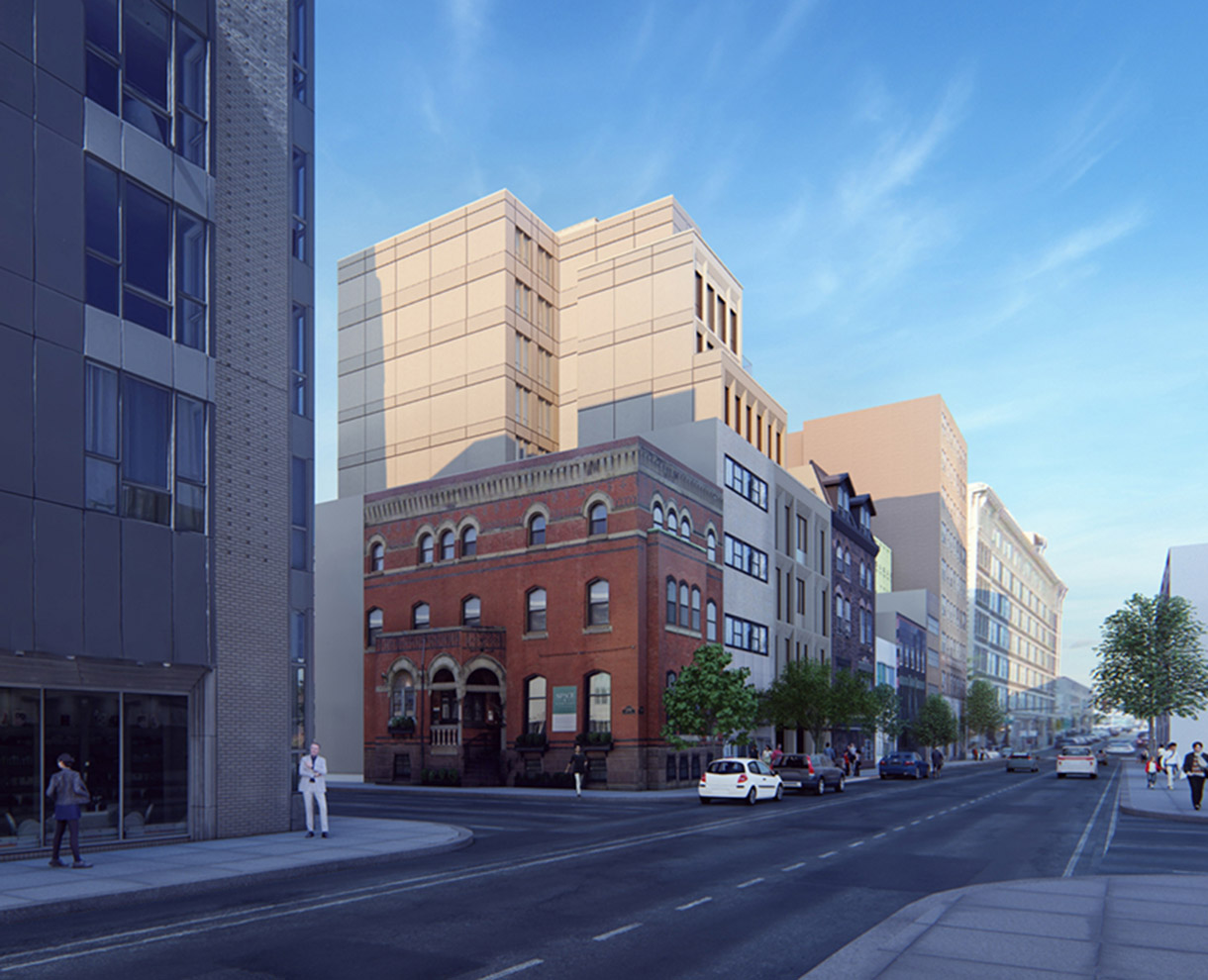 A rendering of 2204 Walnut Street from the intersection to the southwest. The building sets back after the 4th floor to maintain a consistent street facade.