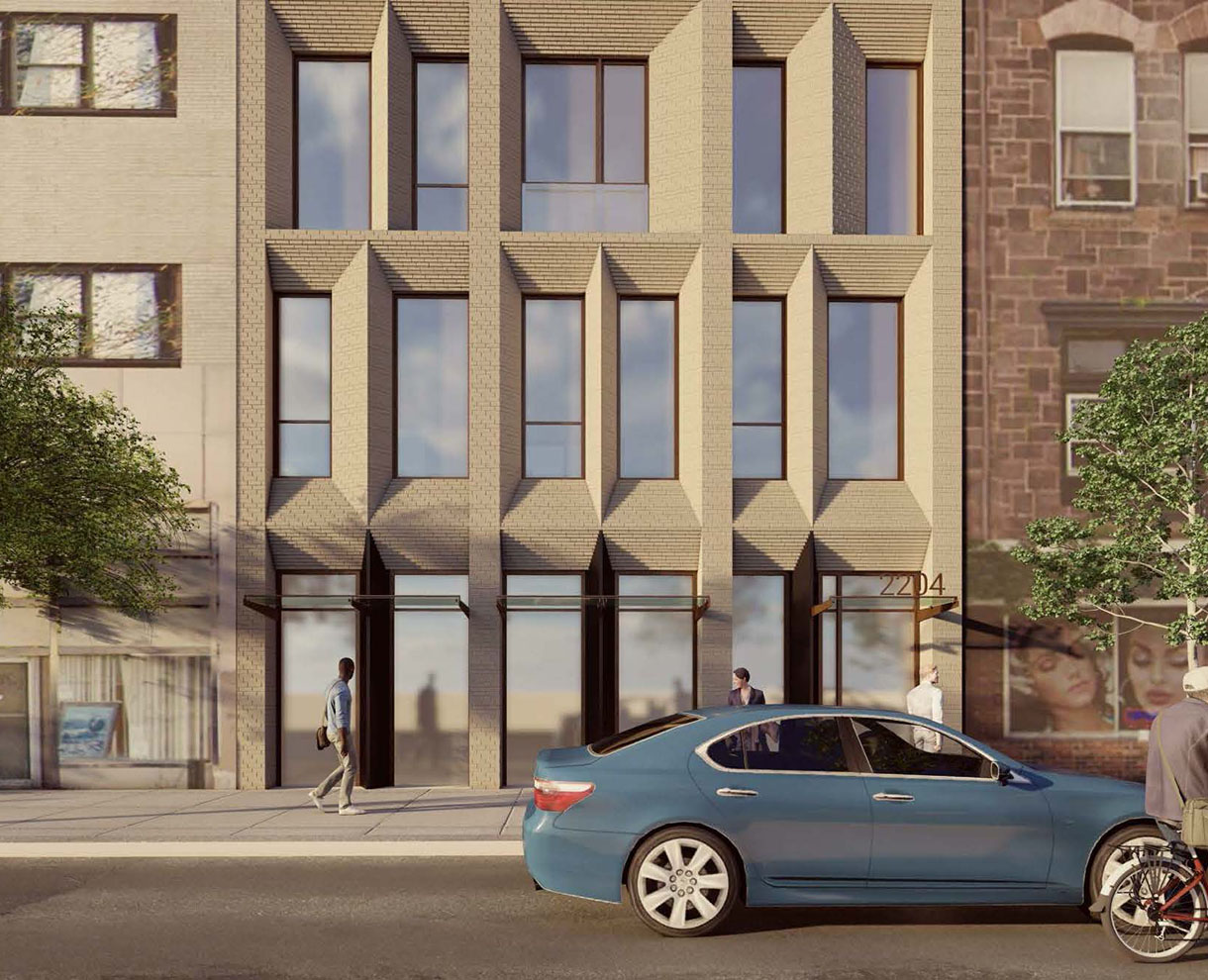 A close-up rendering of 2204 Walnut St from the street level. Large chamfered windows and an earth-toned brick in the facade are prominent.