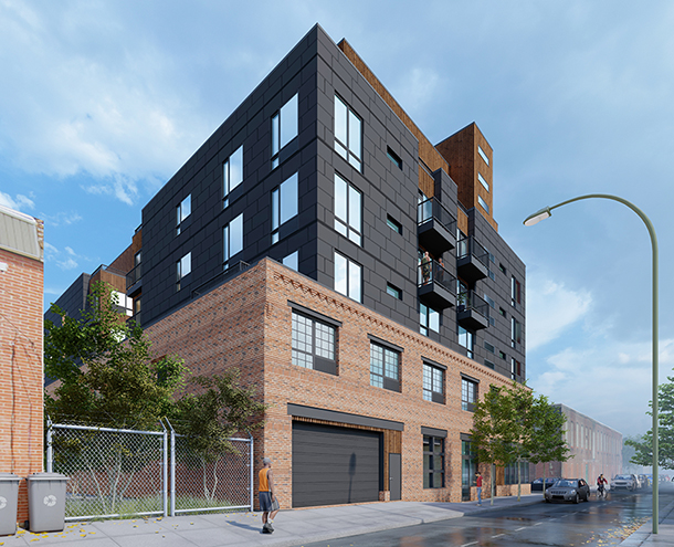 a rendering of the project that shows a 2 story brick warehouse, with a black and copper paneled addition on top. a parking garage is shown at the street level