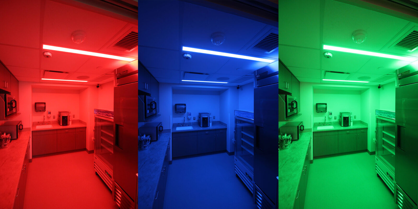 a showcase of the varying colored lighting possible in the space. the same view of the lab is shown with red, blue, and green light