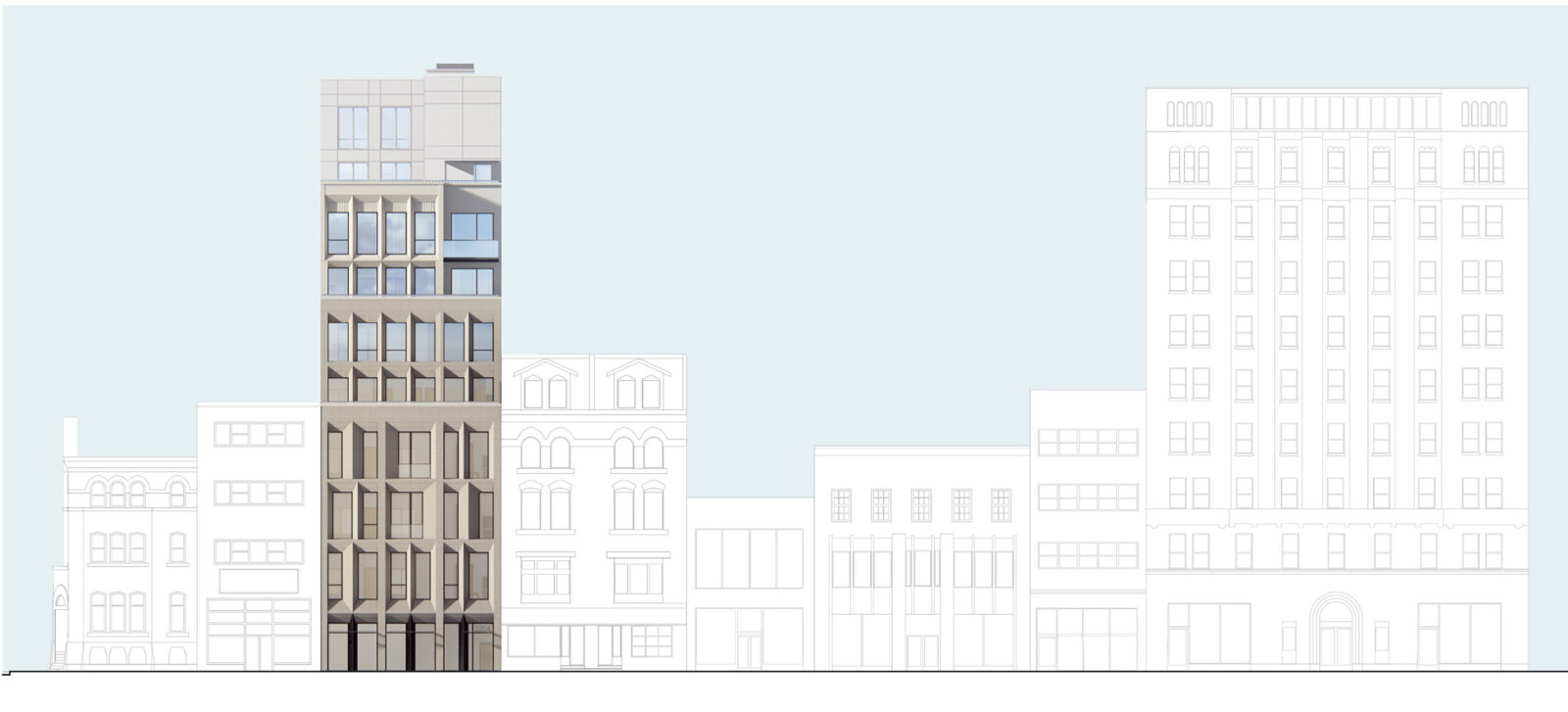 A rendered elevation of 2204 Walnut street. The building is 6 stories higher than its immediate neighbors, matching the height of the building at the end of the block.