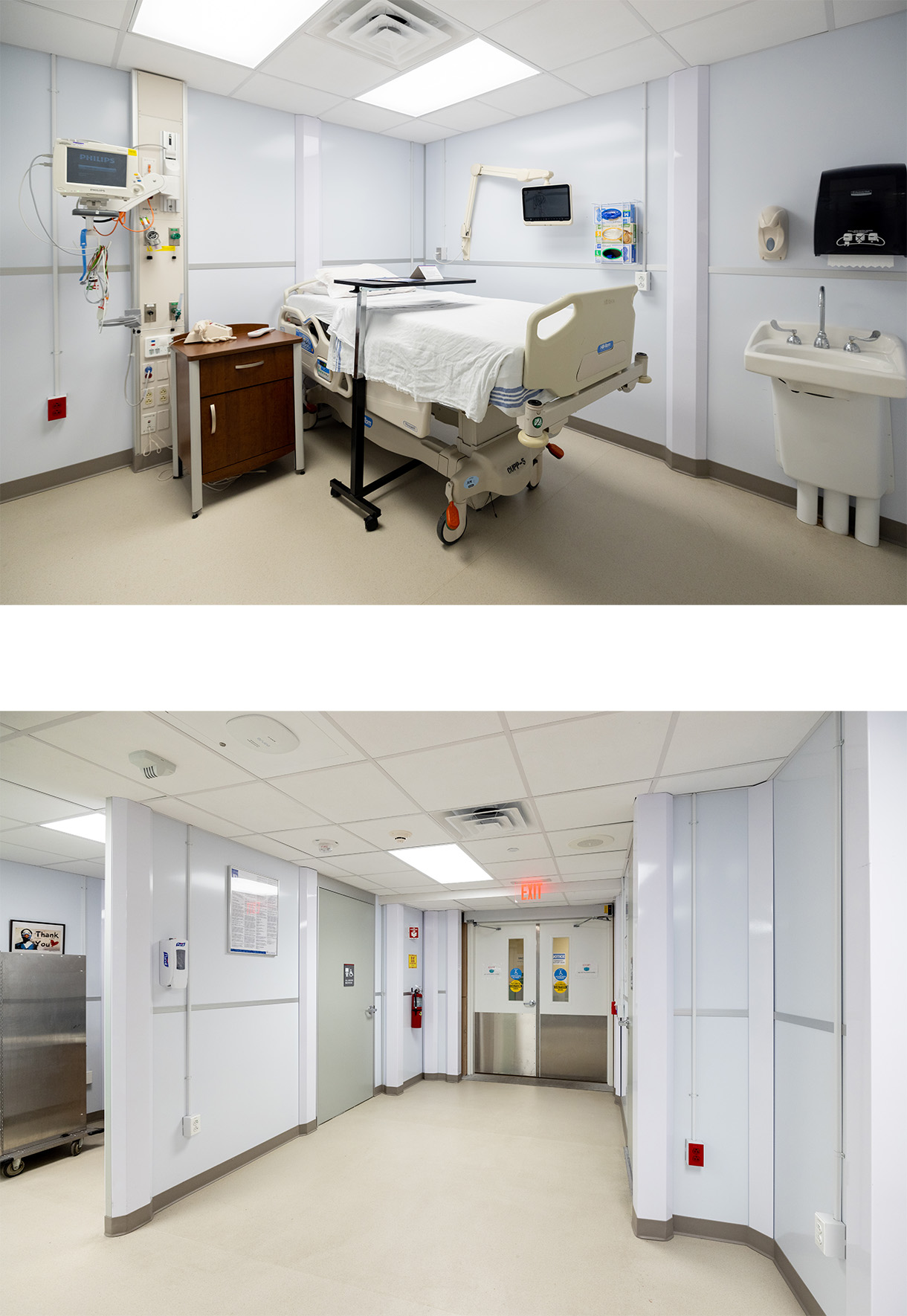 two photos. Top is of a patient bed while the bottom shows a spacious hallway