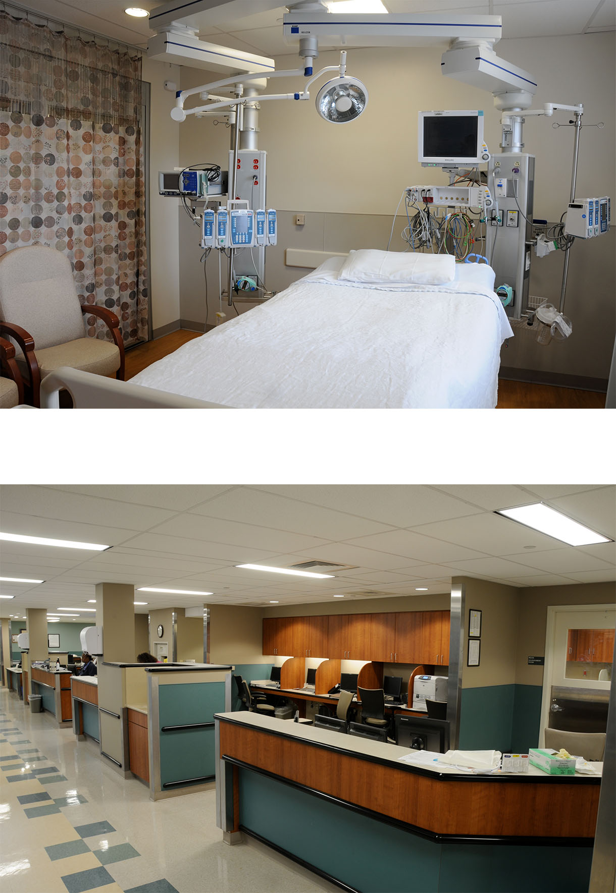 two photos. top is of a patient bed while the bottom shows a nurses station